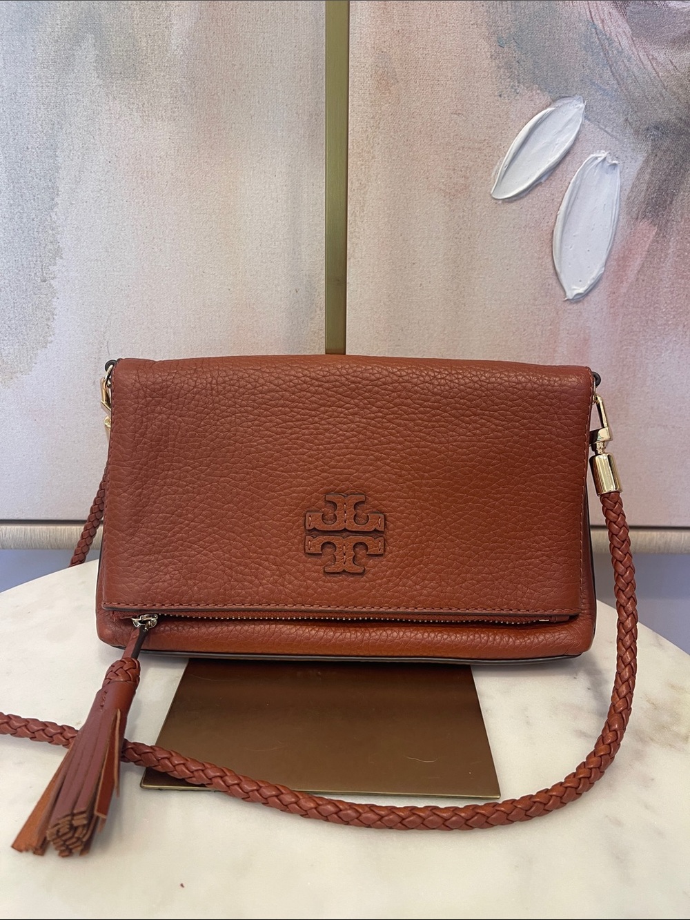 Tory Burch Cognac Leather Braided-Strap Crossbody - Picture 1 of 7